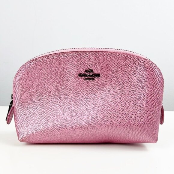 Coach Metallic Pink Pebbled Leather Zip Around Cosmetic Makeup Pouch Bag - Picture 1 of 13
